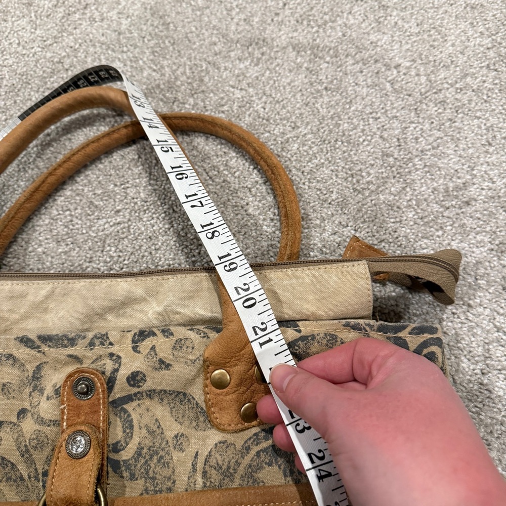 Chloe & Lex Leather Cow Hide Cotton Recycled Canvas Patchwork Tote Bag - Picture 6 of 12